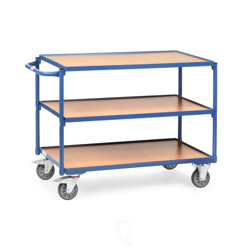 Lichte tafelwagen 300 kg met 3 houten etages en horizontale duwbeugel 850x500