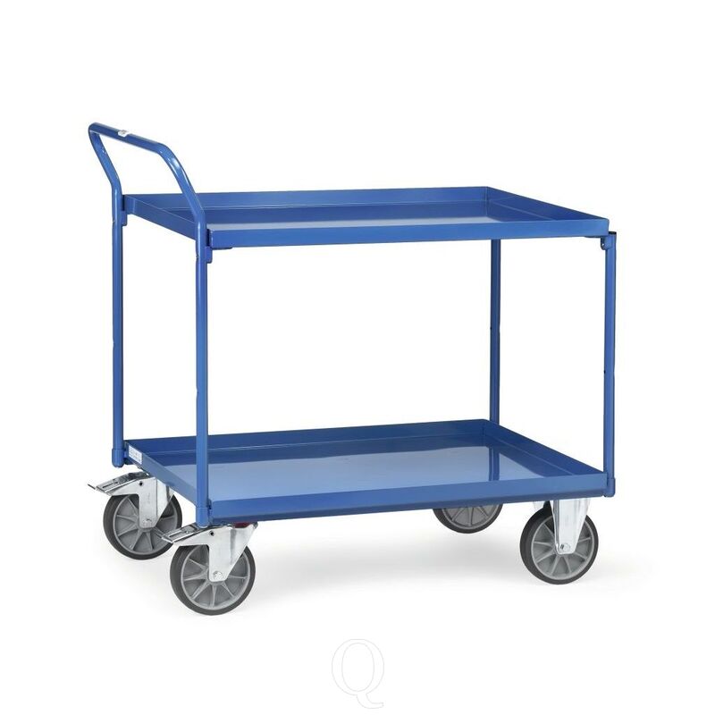 Stalen tafelwagen 400 kg met 2 stalen etages en opstaande duwbeugel 850x500
