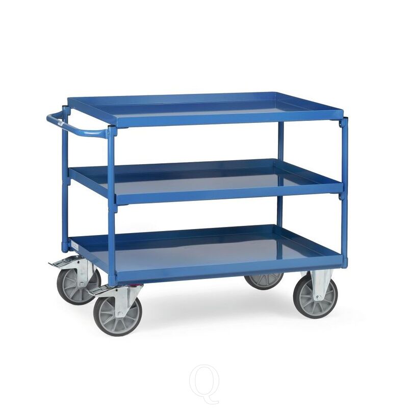 Stalen tafelwagen 400 kg met 3 stalen etages en horizontale duwbeugel 850x500